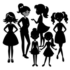 A collection of black silhouettes of girls demonstrating various poses and outfits highlighting diverse styles and playful expressions in a minimalist design