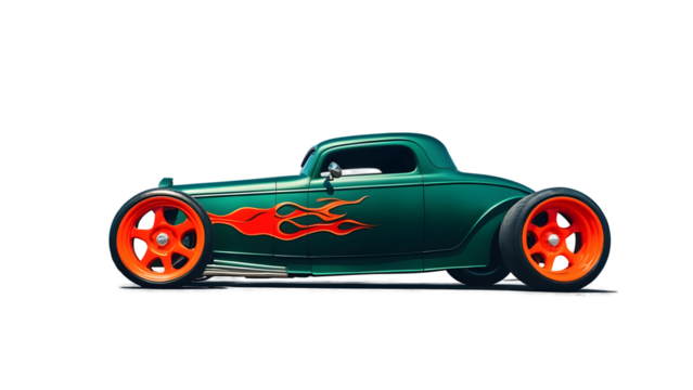 Beautiful unique teal vintage hot rod car with orange fire, automotive background, tuning template, isolated on transparent background