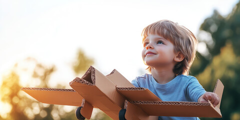 Kid boy aviator playing with cardboard airplane on sunny sky background with copy space, child diy concept