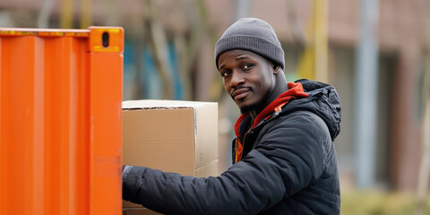 Man worker loading cardboard boxes in containers. Warehouse logistic, shipping, cargo delivery 