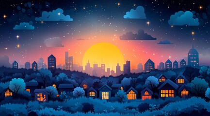 Serene Sunset Over Moonlit Cityscape with Starry Sky