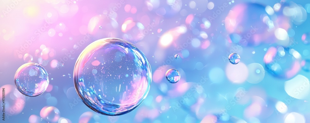 Sticker colorful iridescent bubbles floating in pastel dreamy background creating a magical and whimsical at