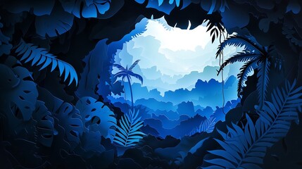 Blue jungle scene with a cave opening in the foliage