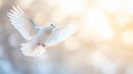 White dove is flying with its wings spread wide against a blurred background of warm colors, conveying a sense of serenity and tranquility