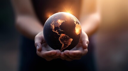 Fototapeta premium Woman holding a glowing earth globe under the setting sun, symbolizing dedication to environmental conservation and global awareness, inspiring unity and peace for a sustainable future
