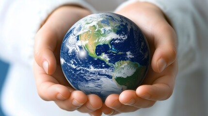 Businessperson is holding a model of the earth in their cupped hands, symbolizing environmental awareness and corporate social responsibility
