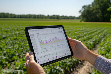 Tecnologia na campo. Produtor rural usando tablet na lavoura