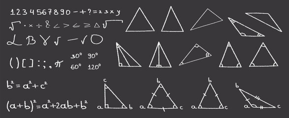 Triangles collection with science formulas. Childish chalk drawing for school. Stock vector illustration in hand drawn style. © Daaridna