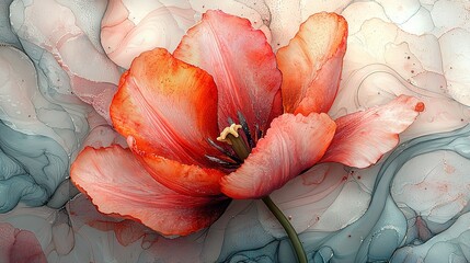 Fototapeta premium A red flower close-up on white-blue background with water droplets on petals
