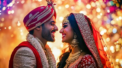 A young Indian couple in traditional attire shares a joyful moment during their wedding. The nighttime scene is vibrant with colorful fireworks in the background, creating a festive mood.