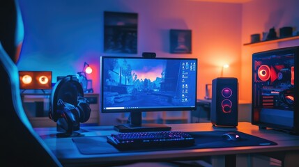 Naklejka premium Gaming Computer on Desk with Neon Lights. AI generated illustration