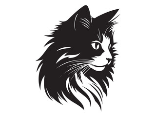Fototapeta premium Black Silhouette of a Long-Haired Cat Isolated on a White Background. Concept of Pet Illustration, Domestic Animal, Minimalist Style, Feline Artwork. Print, Icon, Design Element
