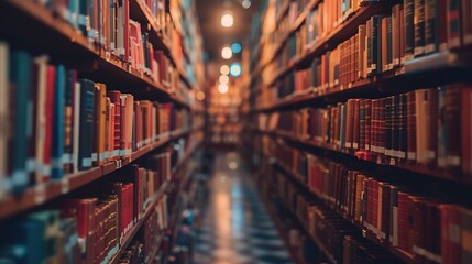 Obraz premium many books on a shelf in a library, blurred
