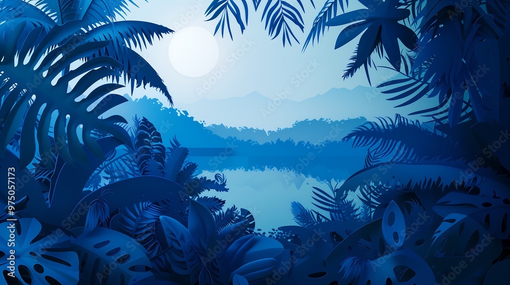 Wall mural tropical lake in the blue hour with lush foliage