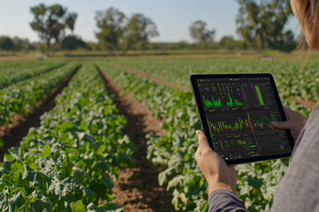 Tecnologia na campo. Produtor rural usando tablet na lavoura