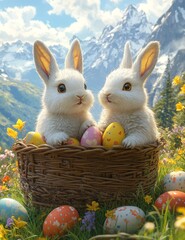 Two Adorable White Bunnies Nestled in an Easter Basket Amid Spring Blooms and Mountain Scenery