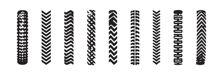 Set of various black tire tracks isolated on a white background. Concept of vehicle patterns, car tread designs, off-road marks, distinct tire imprints. Texture, pattern, automotive design elements