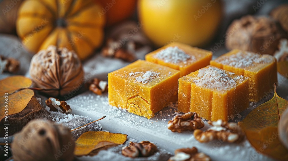 Poster   A pair of cakes resting on a white platter with a cluster of nuts and oranges nearby