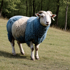 Fototapeta premium Sheep with blue wool coat standing in a field