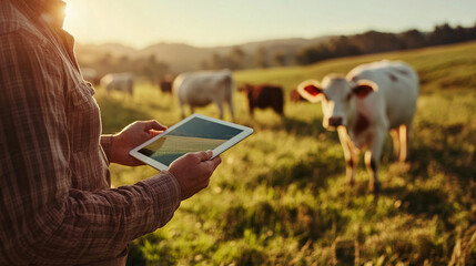 A young farmer wearing casual and straw hat is holding an electronic tablet in his hand