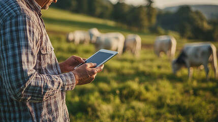 A young farmer wearing casual and straw hat is holding an electronic tablet in his hand