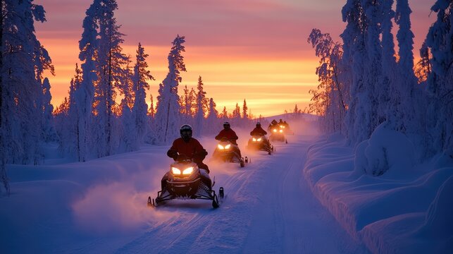 Group of snowmobiles in snowy Lapland landscape, showcasing winter adventure, cold climate transport, and arctic outdoor recreation in frozen nature scene. AI generated illustration.