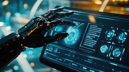 Fototapeta premium Robot Hand Interacting with Virtual Screen for Automation Control. AI generated illustration