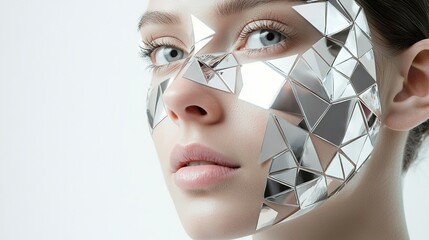   Close-up image of a female face obscured by full mirror coverage