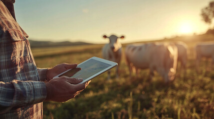A young farmer wearing casual and straw hat is holding an electronic tablet in his hand