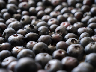 Fresh, plump blueberries are scattered across surface, perfect for a healthy snack or ingredient in various recipes.