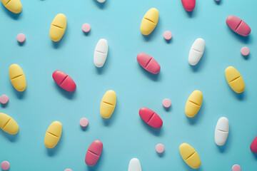 Colored capsules on a blue background. Banner template for advertising vitamins, medicines, healthy lifestyle, microelements