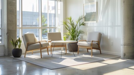 Fototapeta premium Sunlight bathes a minimalistic and cozy modern waiting area with wooden furniture, potted plants, and a serene ambiance.