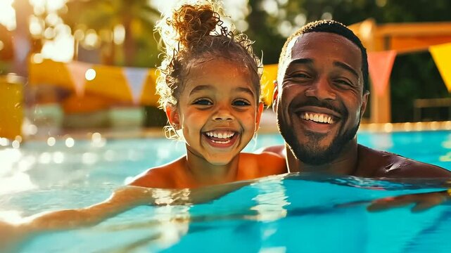 A joyful African-American father and young daughter smile brightly while swimming in a sunny outdoor pool. The scene is filled with warm light, capturing a cheerful and playful moment.