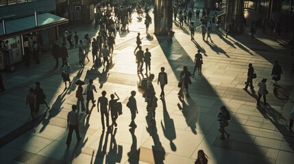 Silhouettes of people walking and mingling in an urban plaza with long shadows cast by the morning sun, creating a bustling yet serene city scene.