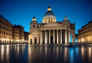 Fototapeta premium A historic city square in Rome, Italy with a large church dome, obelisk, and cobblestone streets lined with old buildings