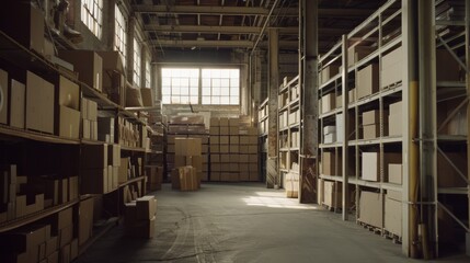 Shelves laden with cardboard boxes are illuminated by gentle daylight streaming through large windows in an industrial warehouse, showcasing a quiet and organized storage space.