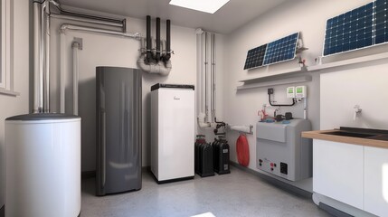 Green Energy System: Heat Pump, Inverter, and Solar Panels. AI generated illustration.