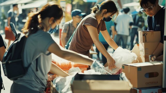 Volunteers, wearing face masks, are busy organizing and packing supplies at an outdoor community event, showcasing the spirit of collaboration and charity.