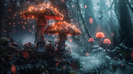 Obraz premium Enchanted mushrooms glowing with bioluminescence in a mystical forest, creating a magical and surreal atmosphere with vibrant lights and mist.