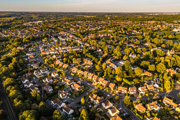 Aerial drone shot during sunset over the town of Bishops Stortford in England