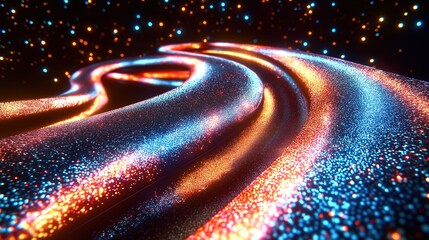 Futuristic light trail on curved highway at night with vibrant neon blues and oranges.