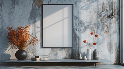 A wall with minimalistic shelves and a collection of beautiful vases on them. Empty vertical frame for wall art mockup