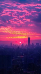 Fototapeta premium Colorful morning sunrise illuminating city skyline with building silhouettes wallpaper