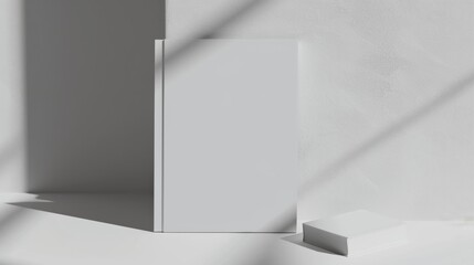 Fototapeta premium A minimalistic scene with a blank book against a light grey wall, emphasizing simplicity and clean lines.