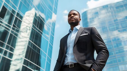 Fototapeta premium A Man in a Suit Looking Upwards Against a Glass Building Background