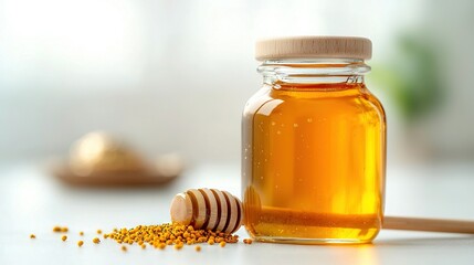   A close-up of a jar of honey with a wooden spoon and a drizzle of honey on the side of the jar
