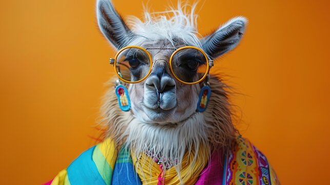 Ilama dressed in hippy clothes on orange background 