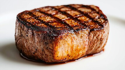   A zoomed-in photo of a slab of meat with condiment splattered over it on a dish