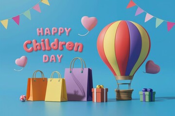Happy Childrens Day with colorful balloons, shopping bags and gifts