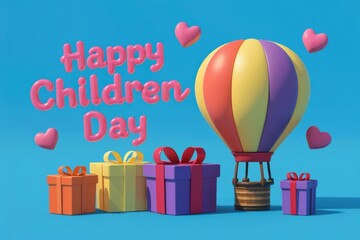Happy Childrens Day with gifts and a hot air balloon